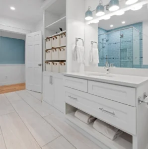 A well-lit, modern bathroom