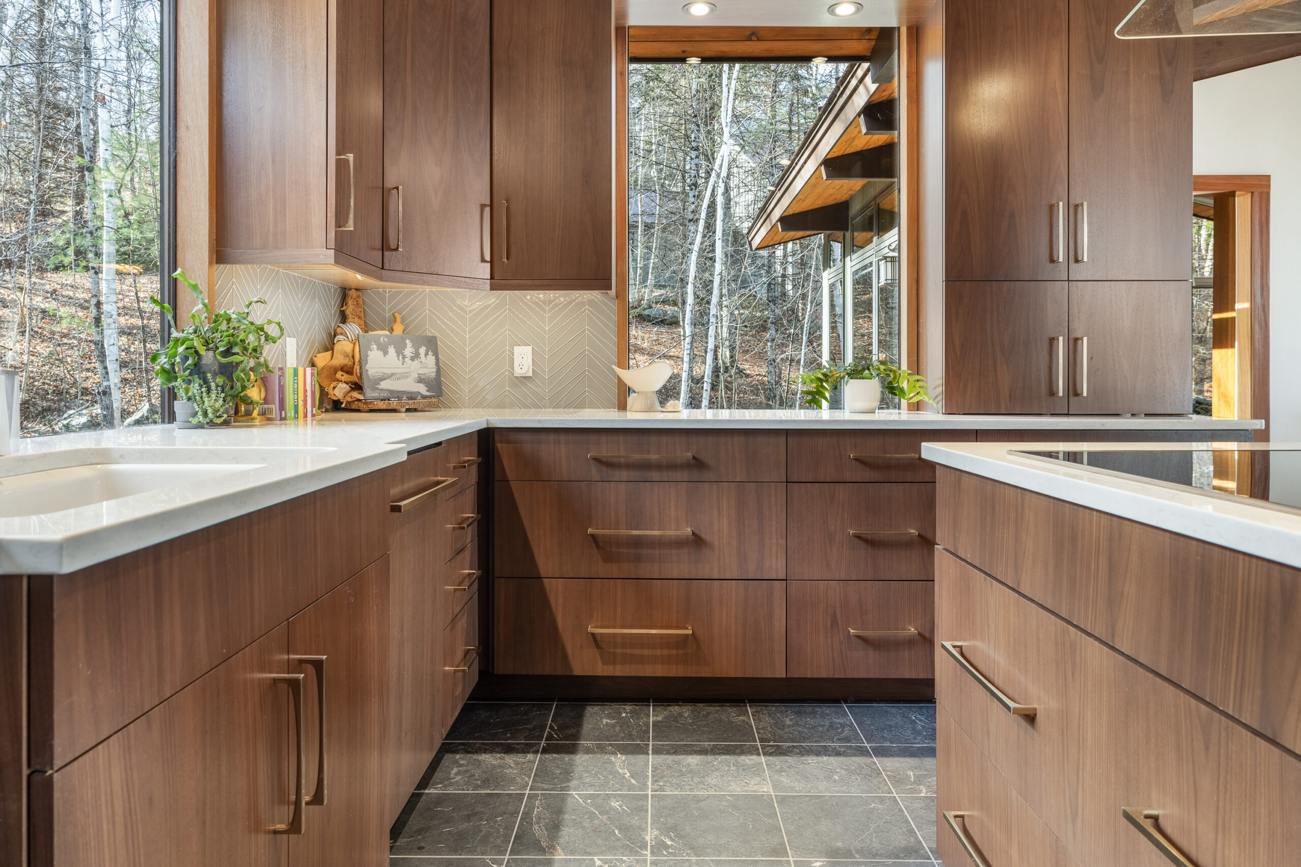 Kitchen reno that incorporates nature with black floors